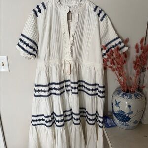 Elegant White and Blue Embroidered Dress